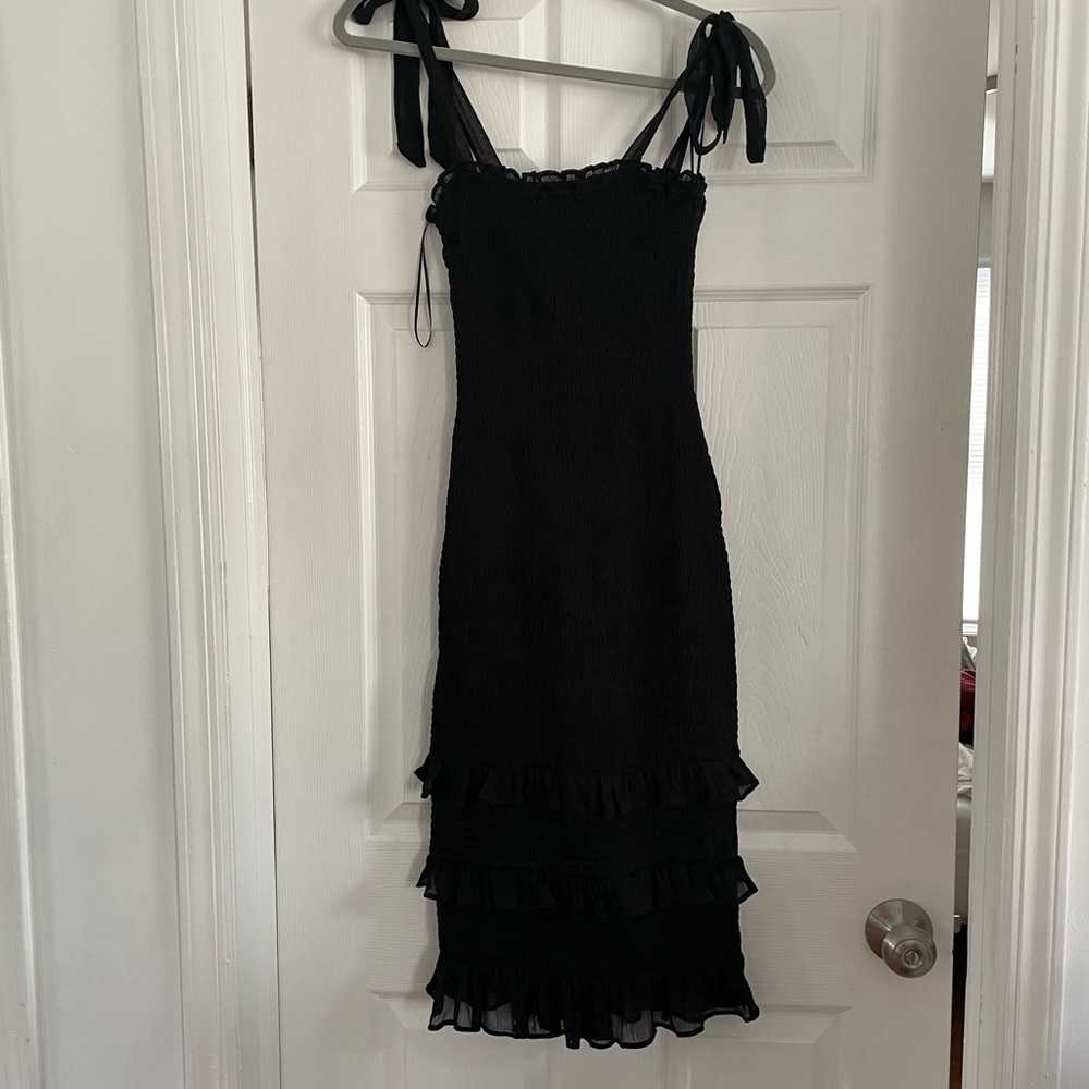 Abercrombie Black Tie-Strapped Smocked Midi Dress (Bodycon)